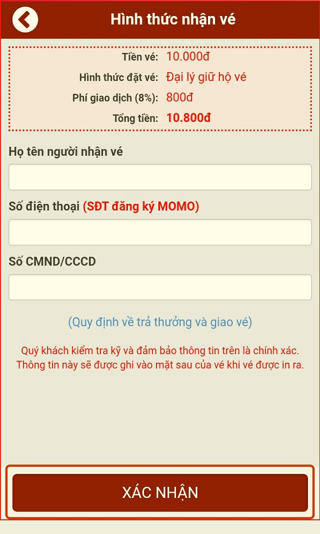 Bạn hoàn thành thông tin nhận vé và nhấn xác nhận Bạn hoàn thành thông tin nhận vé và nhấn xác nhận