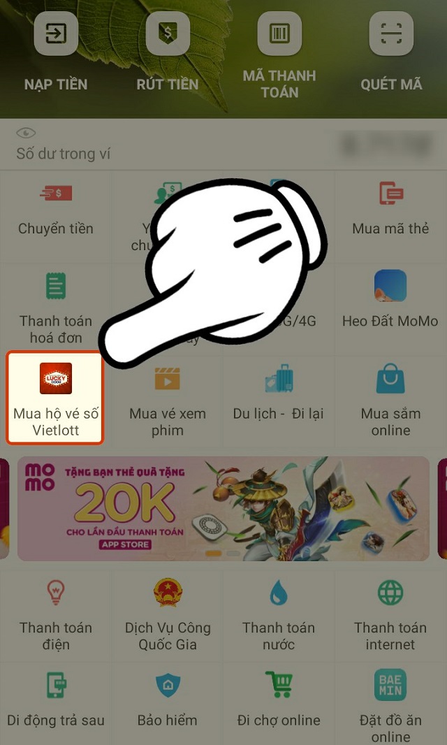 Đăng nhập tài khoản thành viên MoMo rồi tìm đến mục mua hộ vé số Vietlott và click vào Đăng nhập tài khoản thành viên MoMo rồi tìm đến mục mua hộ vé số Vietlott và click vào
