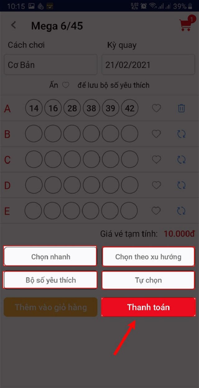 Nhập con số dự thưởng vào ô số trống rồi chọn thanh toán Nhập con số dự thưởng vào ô số trống rồi chọn thanh toán